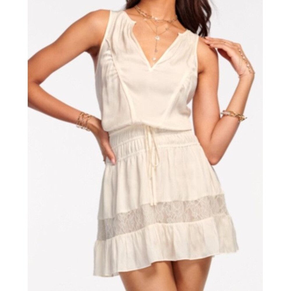 Ramy Brook Mariah Cream V Neck Mini Dress Flowy Size M Coquette Satin Exclusive